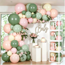 Pink and Green Balloon Arch Kit, Sage Light Olive Dusty Green Light Pink Ivory Pastel Orange Balloons with Boxes for Gender Reveal Wedding Girl Birthday Boho Floral Party Decorations