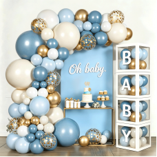 Dusty Blue White Gold Balloon Arch Kit, Light Dusty Baby Blue White Beige Chrome Gold Confetti Balloons with Boxes for Gender Reveal Boy Birthday Wedding Bridal Shower Party Decorations